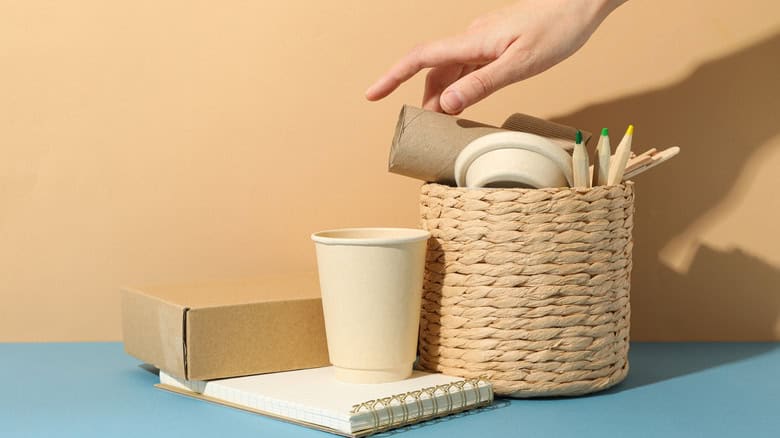 Handmade basket, notebook, box, and paper cup